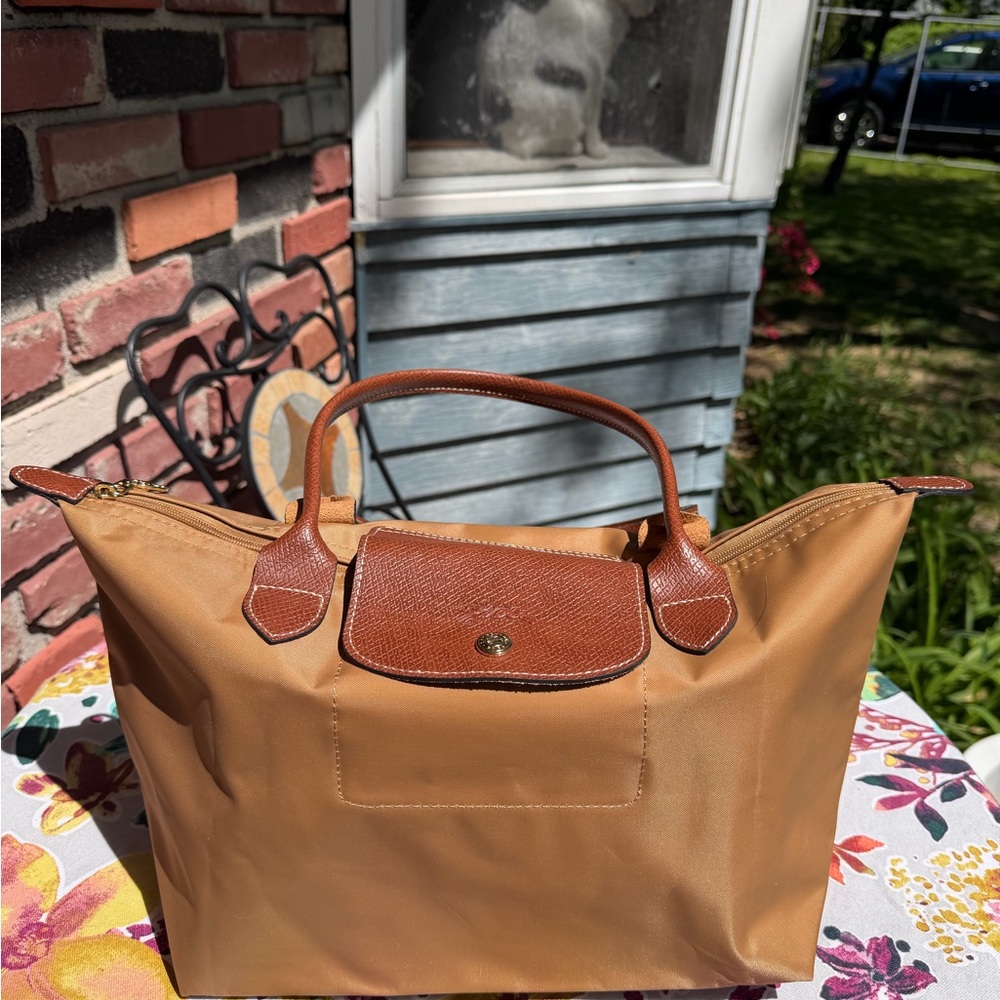 Longchamp Tan Nylon Satchel with Brown Trim